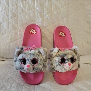 TY pink fuzzy cat sandals